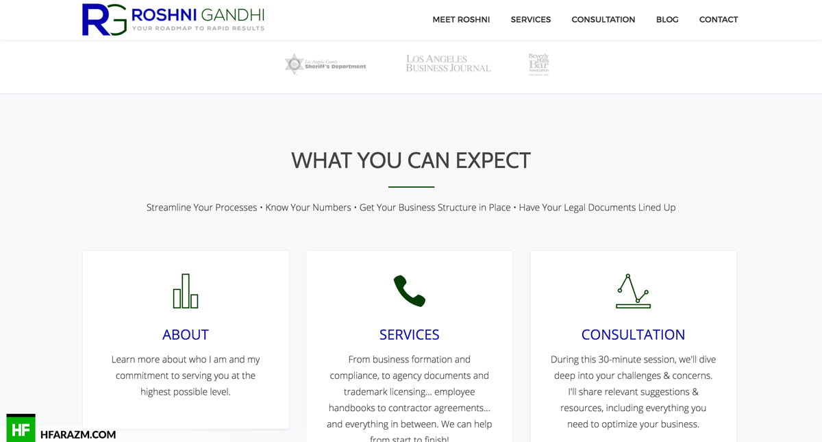 Homepage of Roshni Gandhi Attorney California Web design Hfarazm