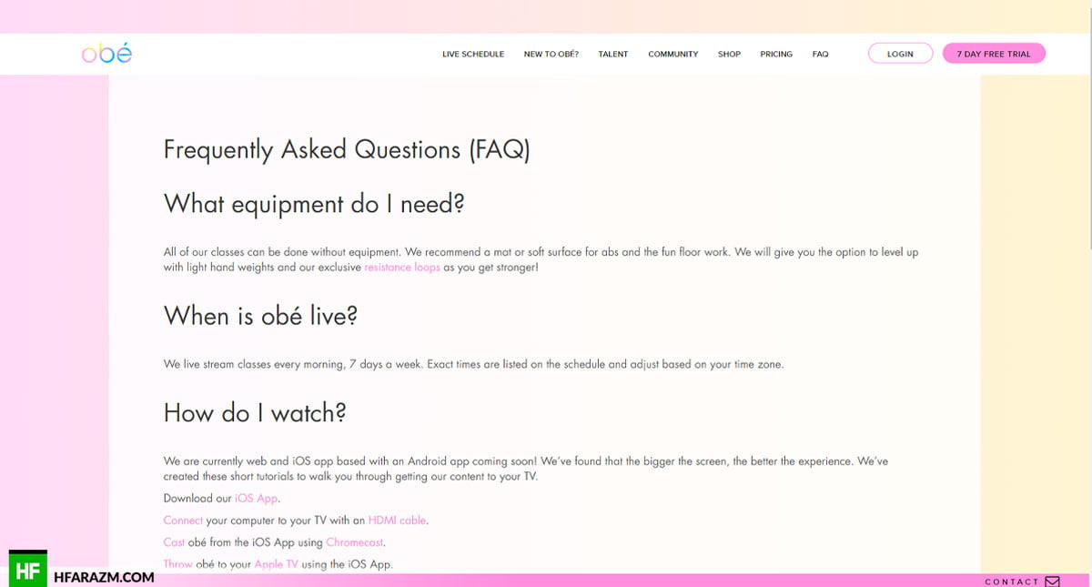 Obé Fitness FAQ Web Design and Development by Hfarazm Software